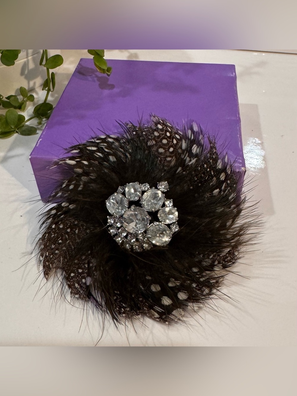 Stella and Dot Feather Brooch in Black, Cream with Rhinestone Centre 3 3/4”